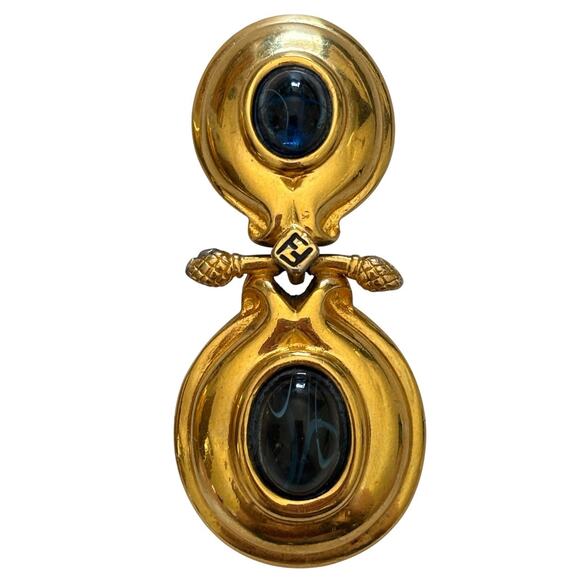 Fendi Blue Gripoix Cabochon Clip Earrings Large Double Dangle Logo 18kt GP - Picture 12 of 12